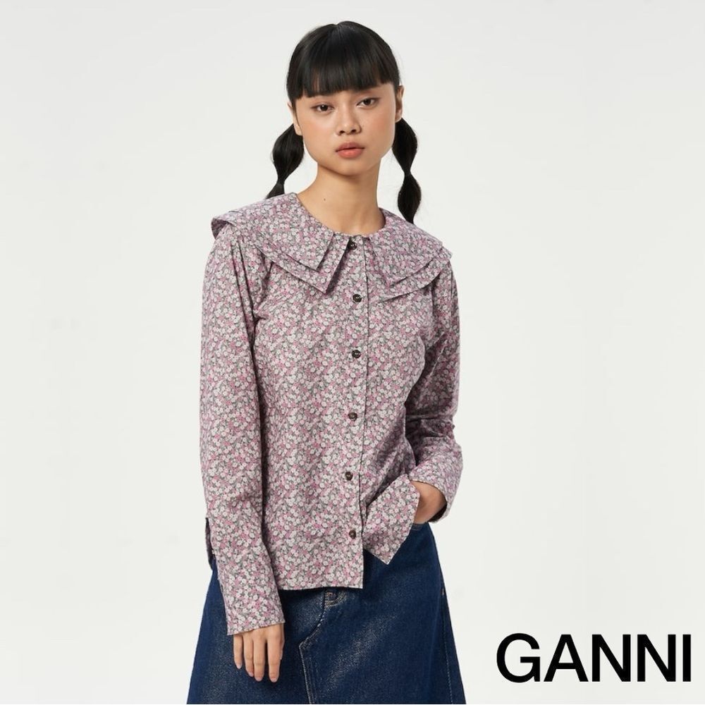 GANNI **NWT** Frost Gray Floral Print Cotton Poplin Double-Collar Shirt
